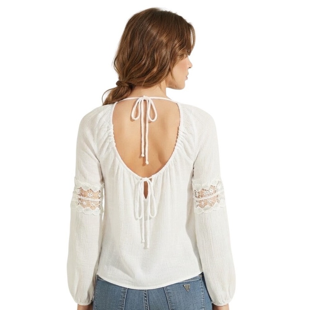 Guess Blouse White Crochet Tie Back Boho Ethereal Fairy Peasant Top Beach Medium
